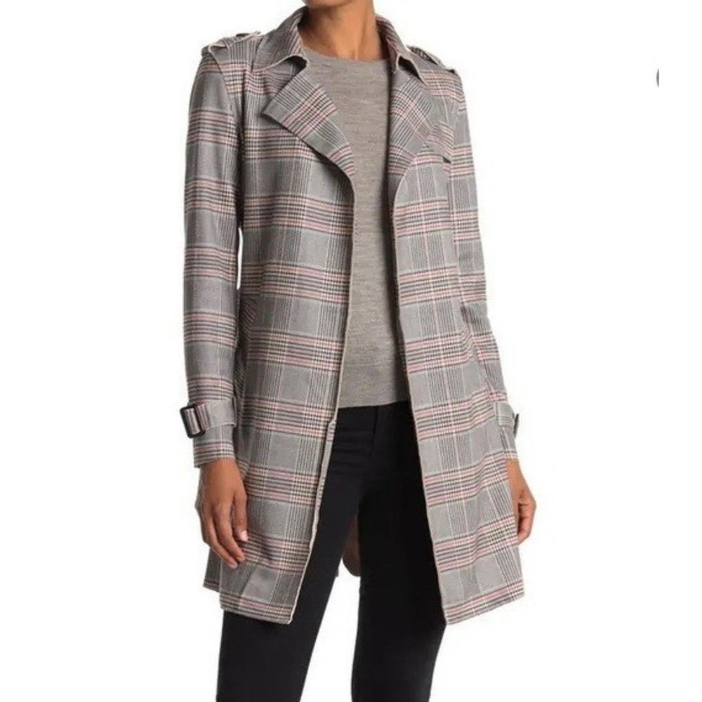 LT LOVE TOKEN Piperplaid trench belted open front wrap coat‎ open front womens L